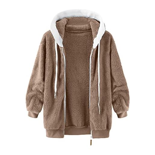 YCBMINGCAN maglione da donna con cappuccio, caldo cappottino in lana artificiale, capispalla da donna, elegante autunno, cachi, xxl
