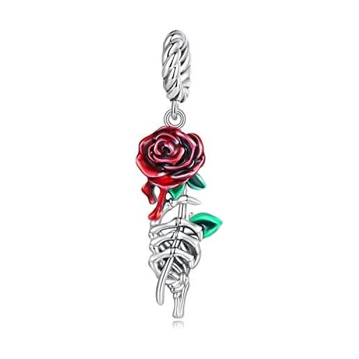 Teleye charm in argento sterling 925 con ciondolo a forma di rosa rossa, adatto per la collana del braccialetto pandora