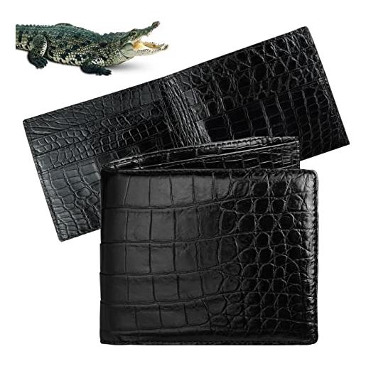 HATA portafoglio da uomo fatto a mano in coccodrillo con ventre in coccodrillo, carta di credito, blocco rfid, portafoglio per documenti d'identità realizzato da artigiani vietnamiti, bifold - nero -