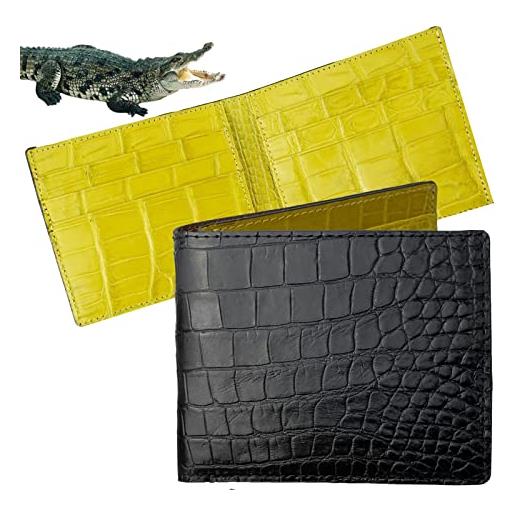 HATA portafoglio da uomo fatto a mano con coccodrillo hornback coccodrillo carta di credito premium rfid blocco portafoglio id portafoglio realizzato da artigiano vietnamita, bifold - nero giallo -