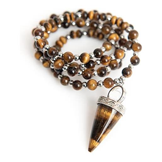 Perla Style - collana lunga da uomo, ciondolo artiglio di leone con ematite, con pietre nere di onice opaco e occhio di tigre da 6 mm, ojo de tigre, perla, occhio di tigre