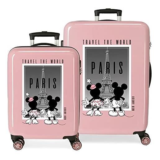 Disney topolino e minnie travel the world paris nude set valigie 55/68 cm abs rigido chiusura laterale a combinazione 104l 6 kg 4 doppie ruote bagaglio a mano