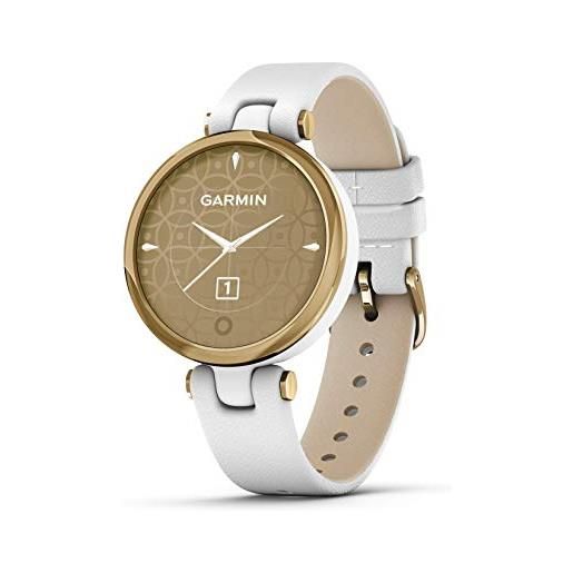 Garmin lily, small gps smartwatch with touchscreen and patterned lens, light gold with white leather band