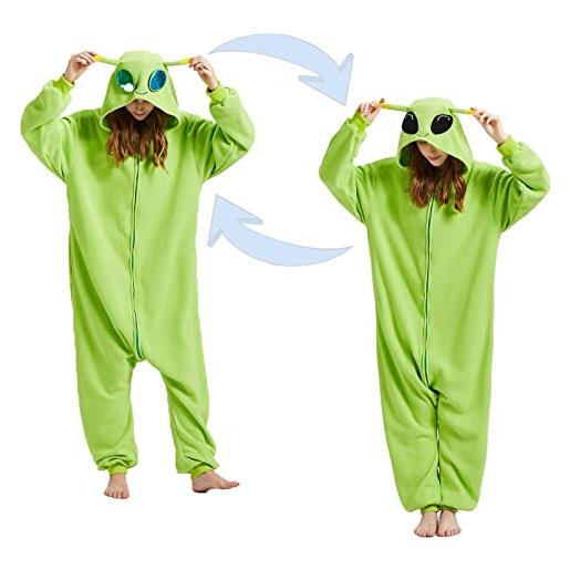 HEWERON pigiama intero da alieno verde, per adulti, motivo cartone animato, halloween, cosplay, costume da casa, pigiama per donne e uomini, taglia l