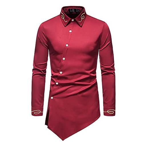 ALAIYO camicia uomo basic slim fit moda alla moda nuovo stile ricamato asimmetrico uomo camicia a maniche lunghe primavera e autunno uomo casual camicia c-red s