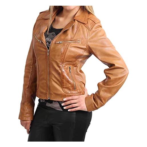 A1 FASHION GOODS giacca corta da motociclista in vera pelle retrò con zip e zip da donna e ragazza lisa marrone chiaro, marrone chiaro, 12