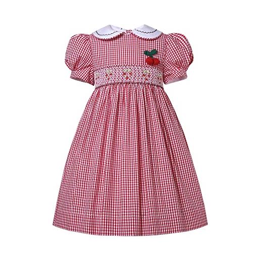 Maoluo Vintage ragazze estate casual ricamo smock abiti bambino bambino elegante plaid family party smock vestiti, rosa, 7-8 anni
