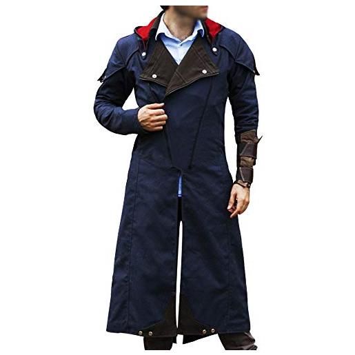 Fashion_First ac unity cosplay costume mantello denim felpa lungo cappotto giacca, ac unity cappotto blu & marrone, xl