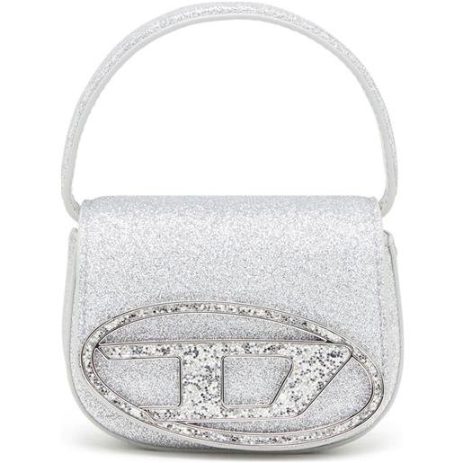 Diesel borsa tote 1dr glitter con placca logo - argento