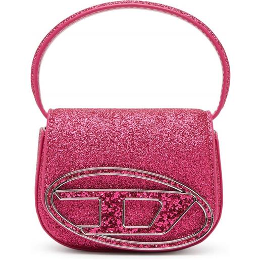 Diesel borsa tote 1dr glitter con placca logo - rosa