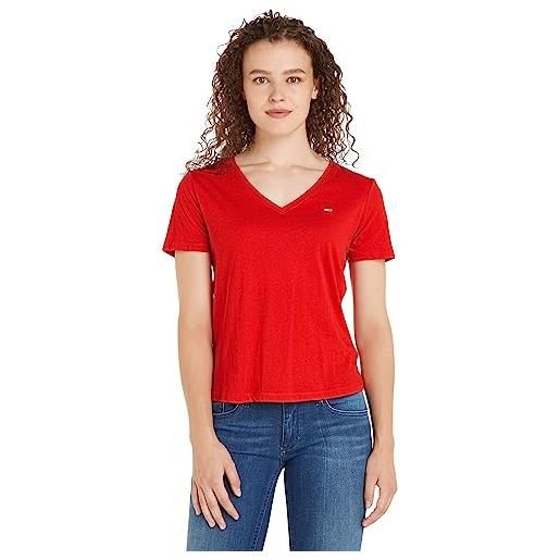 Tommy Jeans t-shirt maniche corte donna tjw slim soft scollo a v, rosso (deep crimson), s