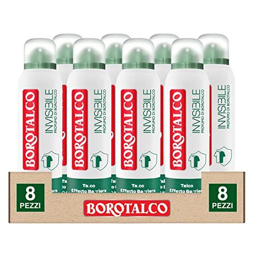Borotalco deodorante spray invisibile deo 48h con talco effetto barriera asciutto anti macchie senza alcol profumo di Borotalco - 8 flaconi da 150ml