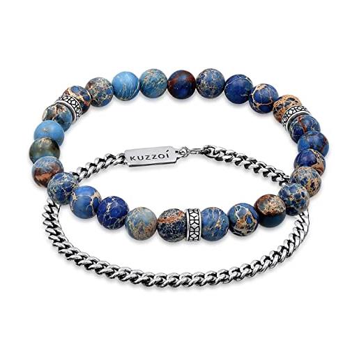 Kuzzoi buddha 0211311221 - set di bracciali da uomo, con perle di agata blu e un braccialetto a maglia barbazzale, in argento sterling 925 ossidato, lunghezza 19-21 cm, 23 centimeters, argento