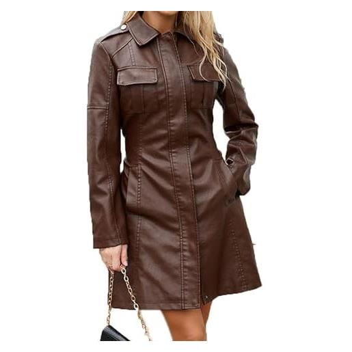 VIVICOLOR donna mid lenght leather trench coat nero full zip cappotti in ecopelle con cintura