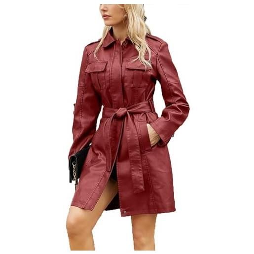 VIVICOLOR donna mid lenght leather trench coat nero full zip cappotti in ecopelle con cintura