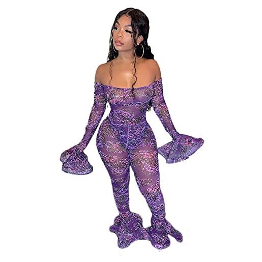 GHAKKE tuta da donna sexy con spalle scoperte jumpsuits con stampa floreale in rete trasparente da discoteca tutine aderenti a maniche lunghe (color: purple, size: s)