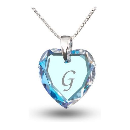 Kristallwerk collana in argento 925, con ciondolo a forma di cuore contenente elementi di cristalli swarovski e una lettera alfabetica incisa. Colore: azzurro. Personalizzabile, argento, colore: buchstabe g , cod. 622518001blabgks