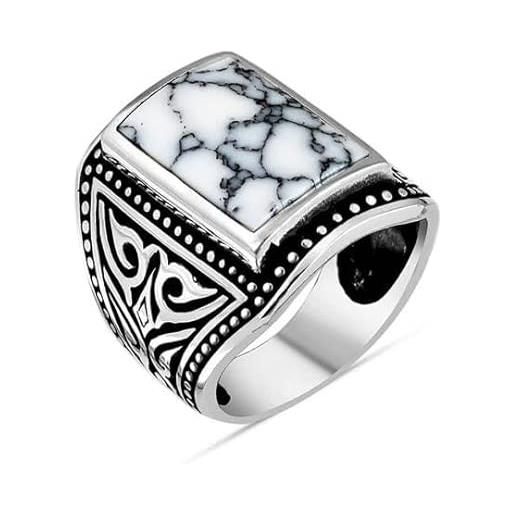 SOHO SILVERS anello da uomo in argento con motivo foderato in pietra turchese bianca, anello in argento ottomano fatto a mano, anello di classe vintage per lui, anelli per uomo (6036142) | 17,5