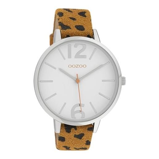 Oozoo orologio da donna con cinturino in pelle leopardato stampa animalier colori dell'africa 43 mm, bianco/marrone, cinturino. 