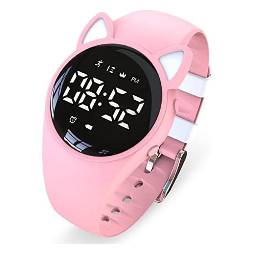 Focwony orologio digitale con contapassi a led, contapassi, senza bluetooth, sveglia vibrante, cronometro, ottimo regalo per bambini, ragazzi, ragazze e donne, rosa/bianco. , cinturino