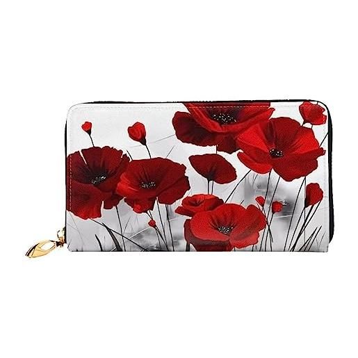 DEHIWI portafoglio da donna in pelle con papavero rosso e fiore di papavero con cerniera intorno, pochette, nero , taglia unica