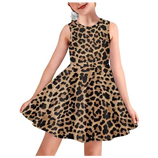 BYCHECAR abiti longuette da ragazza a-line per bambini casual svasato midi swing dress summer school party dresses, marrone leopardato. , 9-10 anni