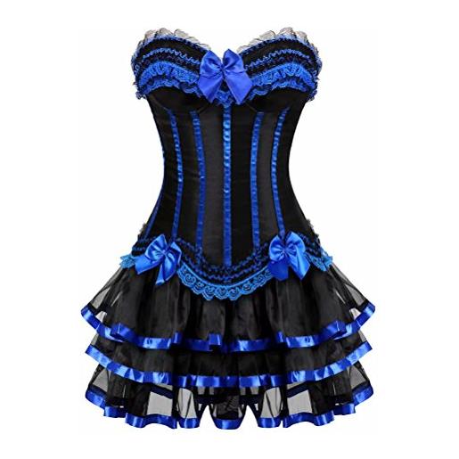 jutrisujo corsetto abito striscia pizzo fiori bustino con gonna tutu barocco intimo elegante burlesque donnadress blu xl