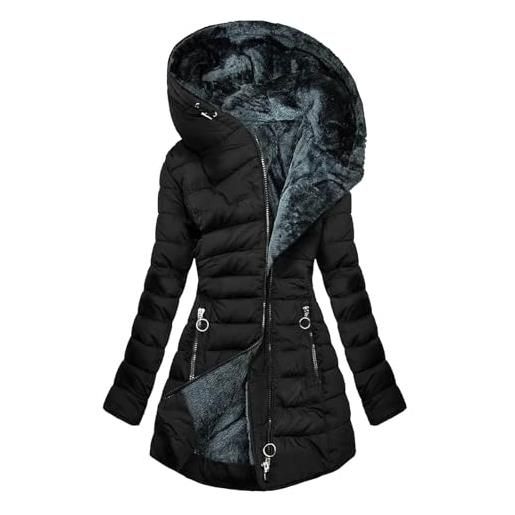 TRIGLICOLEUM giacca invernale da donna, spessa e calda imbottitura, in pile, a maniche lunghe, con cappuccio, cappotto invernale, con coulisse, taglie forti, giacca invernale per le attività all'aria aperta, nero