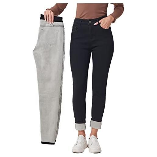 Fakanhui jeans termici invernali foderati in pile da donna indossano jeggings denim skinny pantaloni leggings, chiusura lampo blu72, l