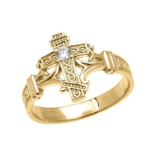 Joyara anello ortodosso con croce di diamanti solitari da donna in oro giallo 9 carati con elegante preghiera russa crittografata
