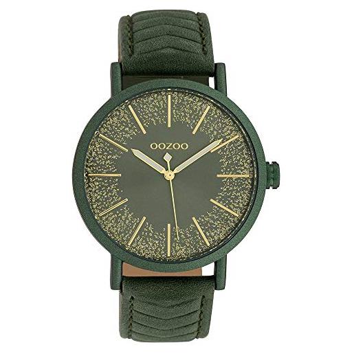 Oozoo orologio da donna con quadrante glitterato e cinturino in pelle 42 mm, verde scuro, dunkelgrün, cinghia