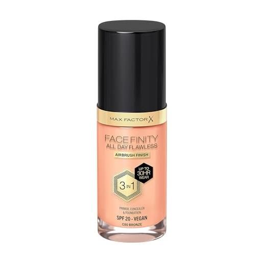 Max Factor fondotinta facefinity all day flawless - correttore, fondotinta liquido e primer viso 3-in-1, formula vegan, copertura modulabile, tenuta fino a 30 ore, spf20 - c80 bronze, 30 ml