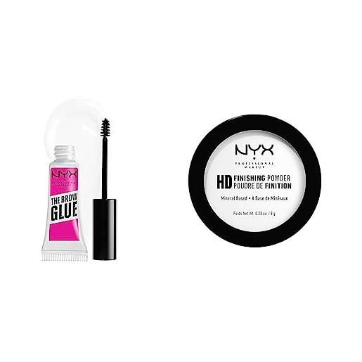 Nyx professional makeup high definition finishing powder, cipria in polvere compatta, opacizzante & the brow glue, gel trasparente per sopracciglia effetto laminazione