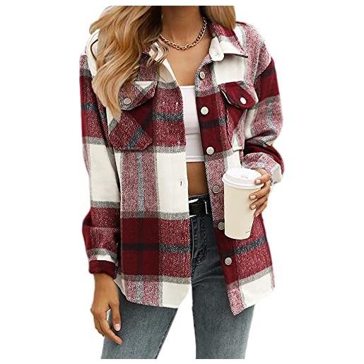 Timuspo giacca a scacchi in flanella da donna manica lunga cotone risvolto button-down camicetta shacket cappotto, rosso vivo, l