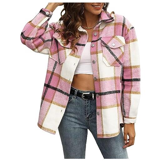 Timuspo giacca a scacchi in flanella da donna manica lunga cotone risvolto button-down camicetta shacket cappotto, colore: rosa. , s