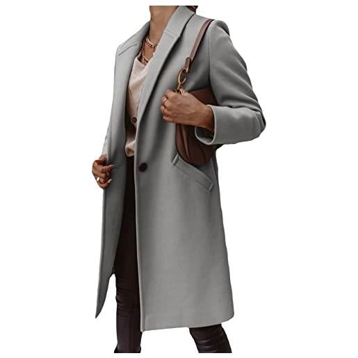 YMING donna giacca invernale caldo risvolto giacca manica lunga pulsante anteriore trench con tasche grigio chiaro m