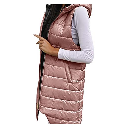 GENJ gilet imbottito da donna con cappuccio lungo giacca da donna piumino giacca trapuntata giacca senza maniche giacca imbottita gilet con cappuccio, rosa-a, 5xl