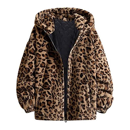 MaNMaNing cappotto donna giacca invernale capispalla da donna con cappuccio con cerniera in pile fuzzy leopardato a maniche lunghe con tasca