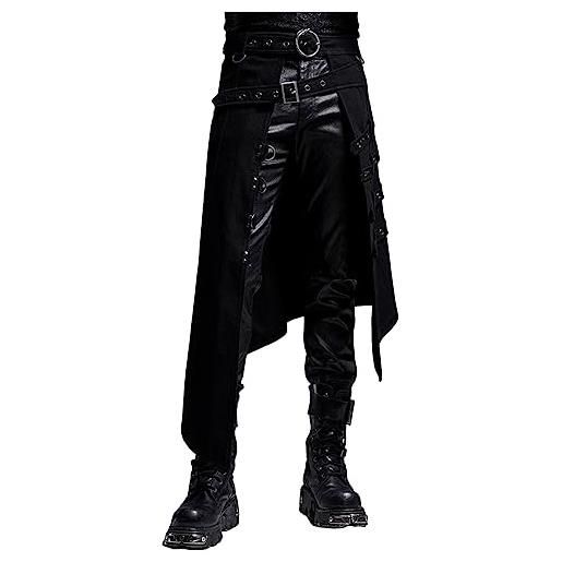 NHNKB pantaloni gotici, da uomo, per halloween, in pelle, da uomo, colore nero, medievale, da uomo, colore nero, alla moda, rock, punk, gotico, asimmetrico, punk, semi-abito lungo cargo da uomo, nero , xxxl