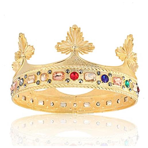LEEMASING barocco uomo re lega grande corona perle di cristallo principe reale accessori per capelli per la festa di compleanno costume di halloween (oro con pietra colorata)