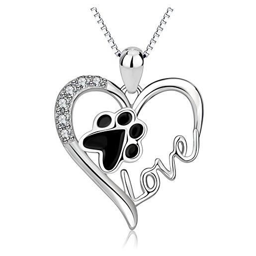 Silver collana con ciondolo in argento sterling 925 sterling a forma di impronta di animale all'interno di un cuore con scritta love. Con confezione regalo