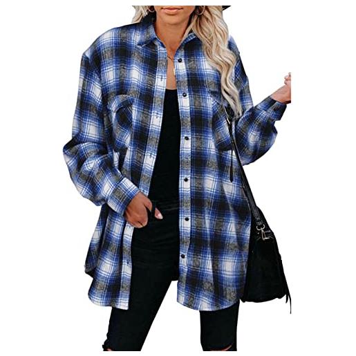 Ausla camicia a maniche lunghe da donna camicette scozzesi camicia a quadri camicia camicetta giacca casual camicia classica(3xl-blu scuro)