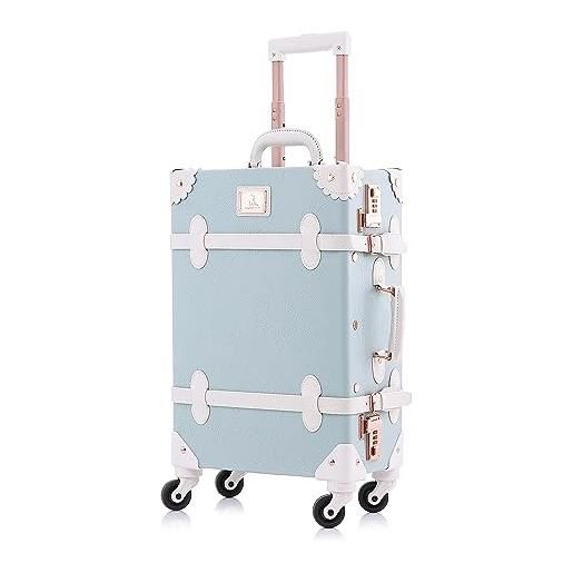 Unitravel valigia vintage bagaglio retro trolley case 4 ruote carry on valigia numero blocco, blu goffrato, s (55cm - 31l)