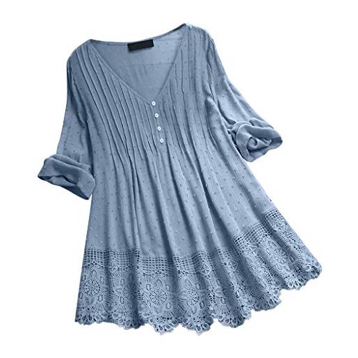 SoLu DAY8 camicia cotone e lino donna maniche lunghe scollo a v con bottone bluse donna eleganti taglie forti maglietta lungo pizzo primavera estate casual sport top (azzurro, 3xl)