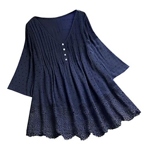 SoLu DAY8 camicia cotone e lino donna maniche lunghe scollo a v con bottone bluse donna eleganti taglie forti maglietta lungo pizzo primavera estate casual sport top (azzurro, xxl)