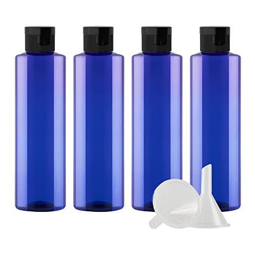 ZEOABSY 4 pezzi 250 ml blu bottiglie di plastica pet con tappo flip top nero, spalla piatta vuoto contenitori per cosmetico, bottiglie da viaggio per lozioni, liquido, olio