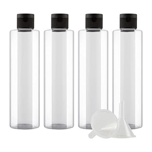 ZEOABSY 4 pezzi 250 ml trasparente bottiglie di plastica pet con tappo flip top nero, spalla piatta contenitori per cosmetico, bottiglie da viaggio per lozioni, liquido, olio