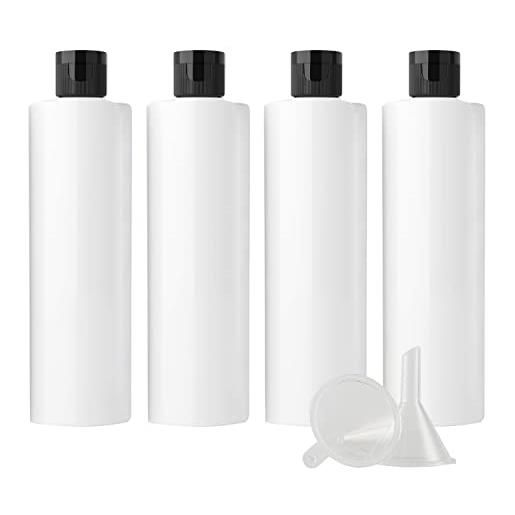 ZEOABSY 4 pezzi 250 ml bianco bottiglie di plastica pet con tappo flip top nero, spalla piatta contenitori per cosmetico, bottiglie da viaggio per lozioni, liquido, olio