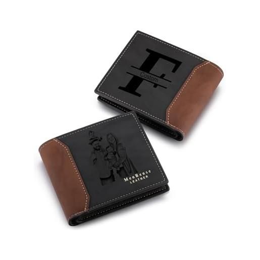 MeMeDIY portafoglio bifold in pelle personalizzati per uomo portafogli da uomo con foto/iniziale/testo incisi su misura portafoglio con foto schizzo personalizzato (b3-iniziali & testo interno, nero)