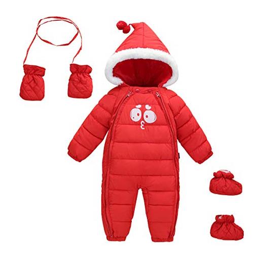 FEOYA - tuta invernale bambini bambino neonato pagliaccetto con cappuccio giacca imbottita a maniche lunghe tute da neve con guanti e scarpe suit abbigliamento inverno per sci all'aperto - 0-6 mesi